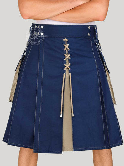 Modern Two Tone Blue & Khaki Cotton Utility kilt for men with detachable cargo pockets and unique design of X-Cross drawstring