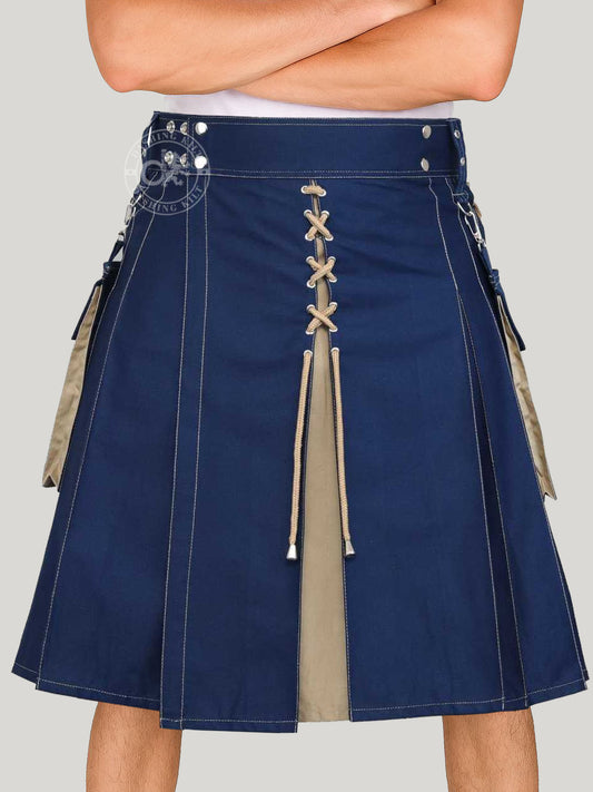 Modern Two Tone Blue & Khaki Cotton Utility kilt for men with detachable cargo pockets and unique design of X-Cross drawstring