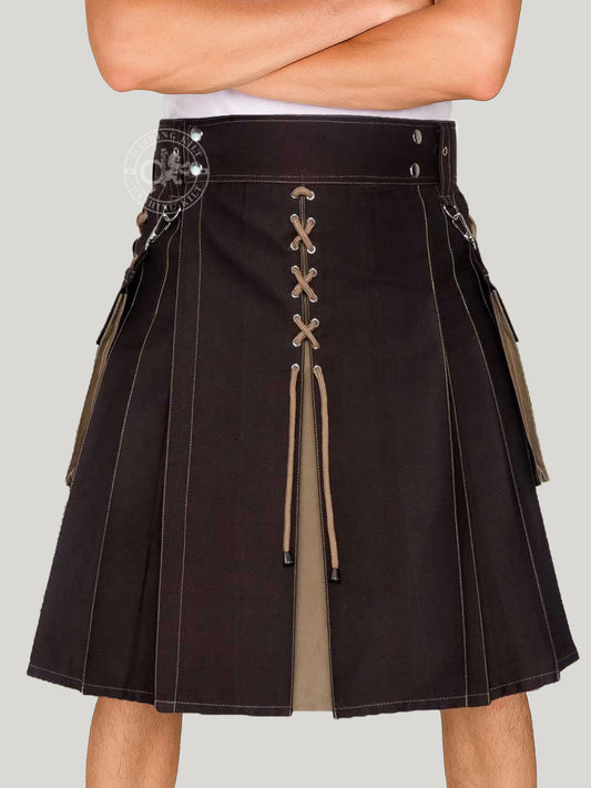 Modern Two Tone Brown & Khaki Cotton Utility kilt for men with detachable cargo pockets and unique design of X-Cross drawstring