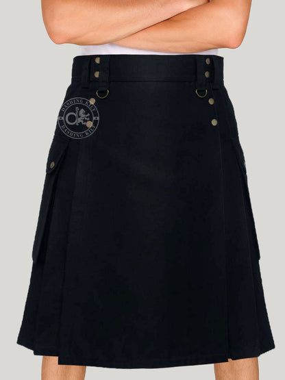Six Pocket Black Cotton Utility kilt for men