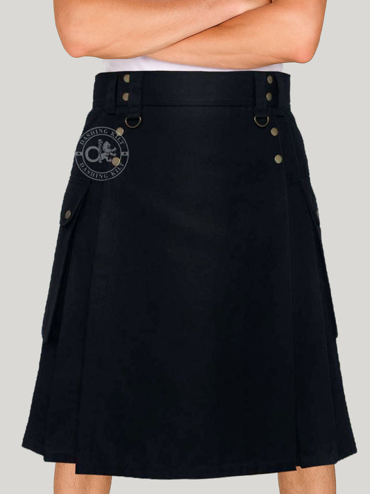 Six Pocket Black Cotton Utility kilt for men