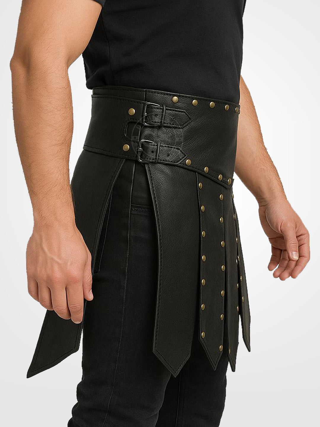 Men Black Leather Gladiator Kilt