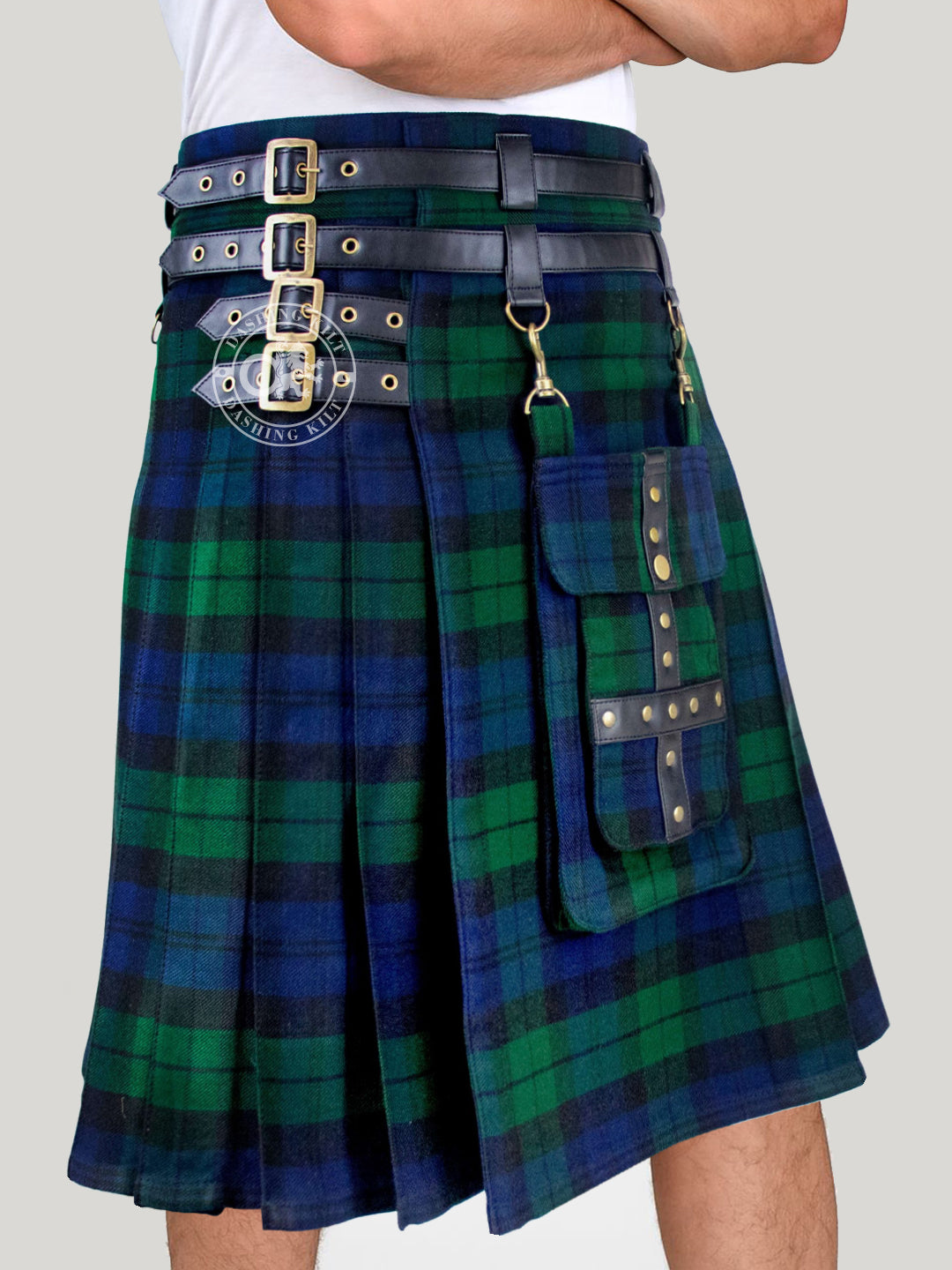 Adjustable 16oz Black Watch Tartan Utility Kilt for Men With Front Detachable Pocket