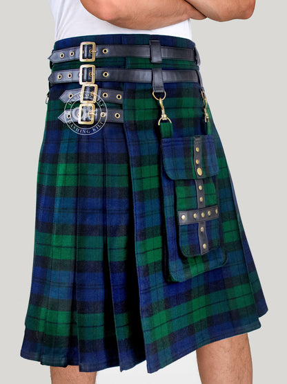 Adjustable 16oz Black Watch Tartan Utility Kilt for Men With Front Detachable Pocket