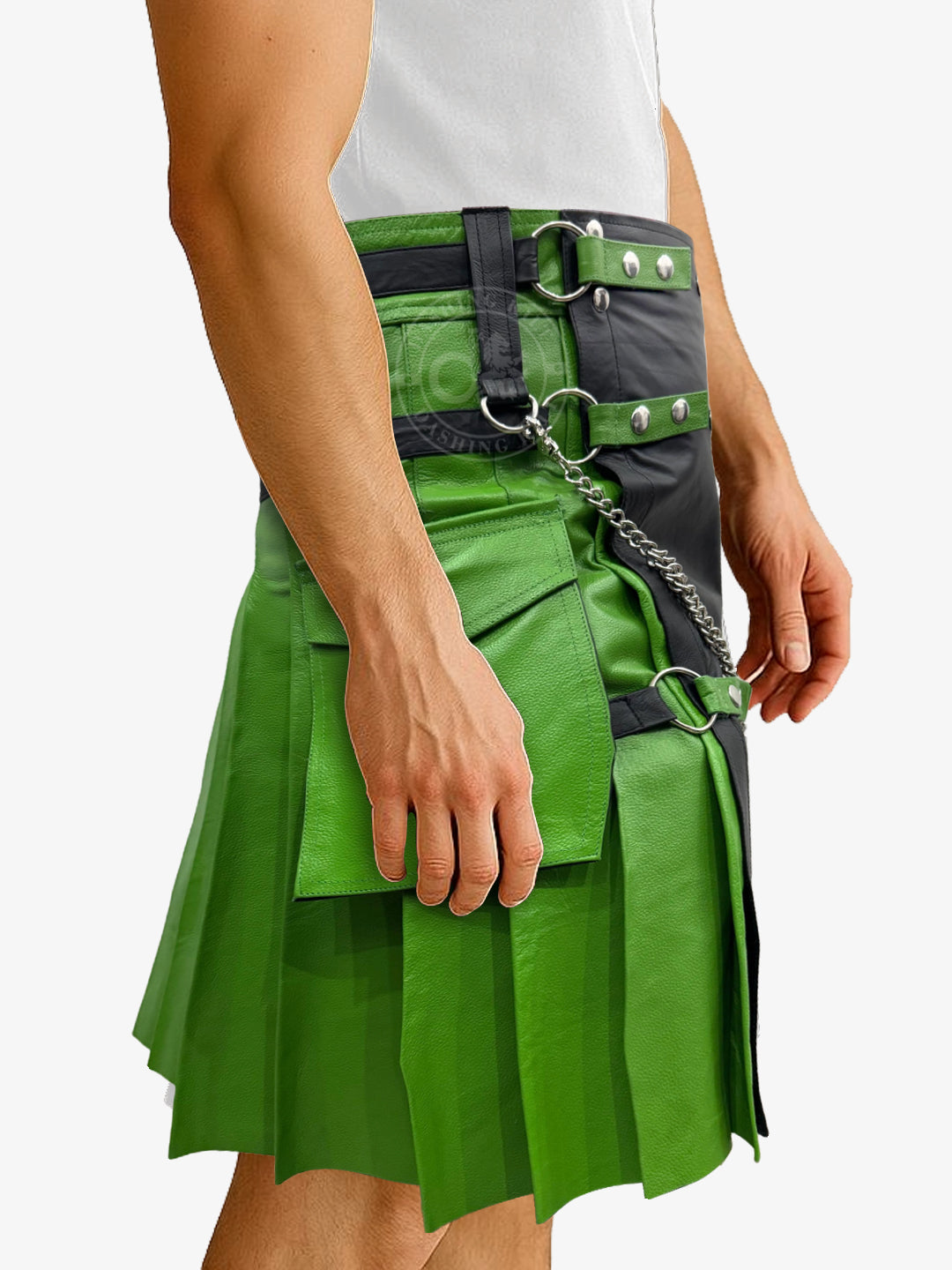 Black & Dark Green Men Leather Fashion Kilt