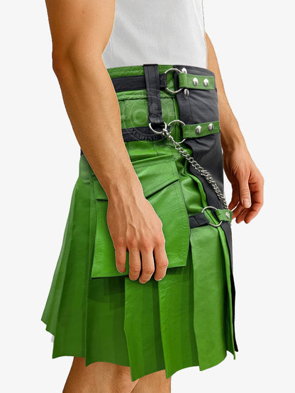 Black & Dark Green Men Leather Fashion Kilt