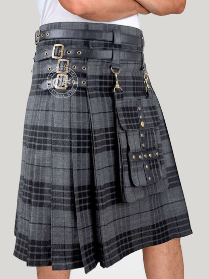 Grey Watch Tartan 16oz Utility Kilt for Men With Front Detachable Pocket