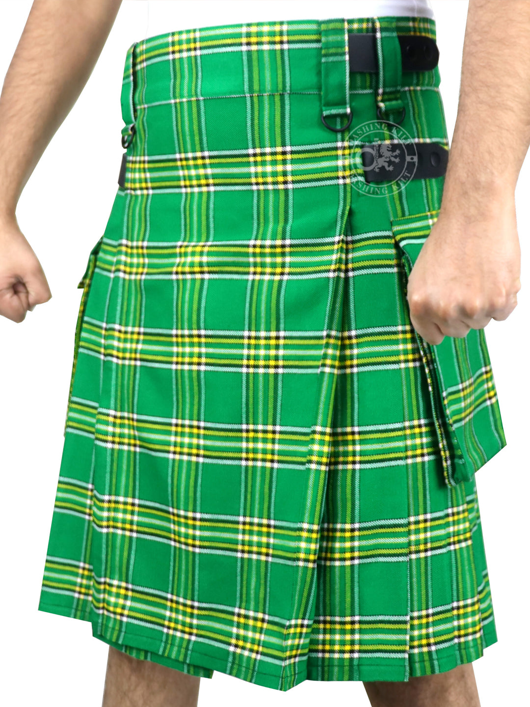 Scottish Light Weight National Irish Green Tartan Utility Kilt for Men With Leather Strap & Cargo Pockets