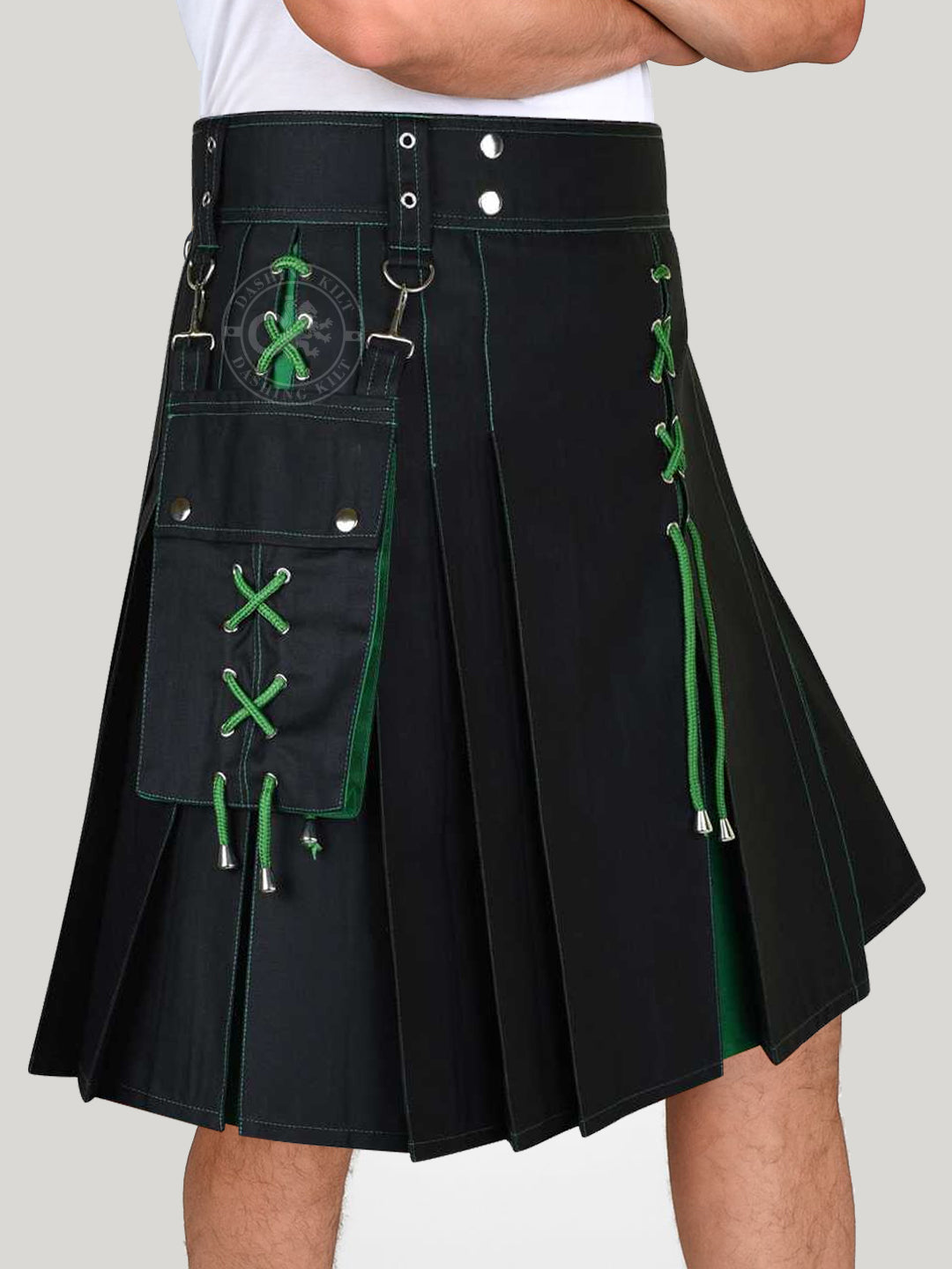 Modern Two Tone Black & Green Cotton Utility kilt for men with detachable cargo pockets and unique design of X-Cross drawstring.