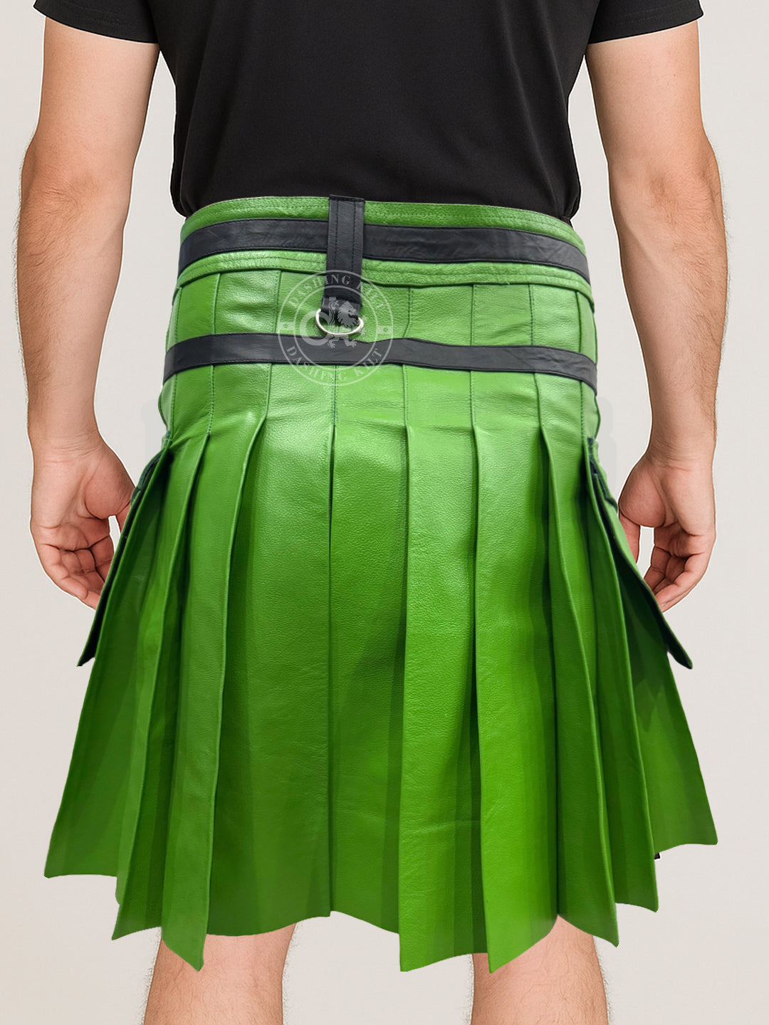 Black & Dark Green Men Leather Fashion Kilt