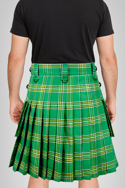 Scottish Light Weight National Irish Green Tartan Utility Kilt for Men With Leather Strap & Cargo Pockets