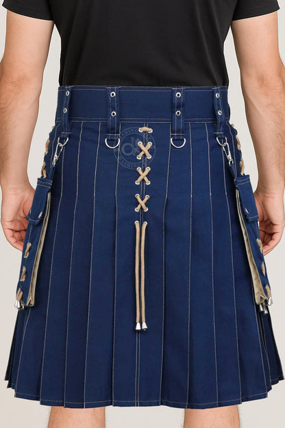 Modern Two Tone Blue & Khaki Cotton Utility kilt for men with detachable cargo pockets and unique design of X-Cross drawstring