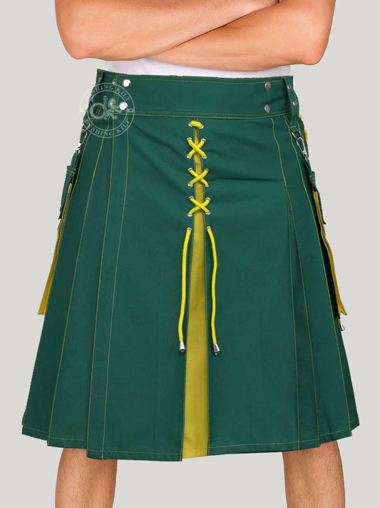 Modern Two Tone Green & Yellow Cotton Utility kilt for men with detachable cargo pockets and unique design of X-Cross drawstring
