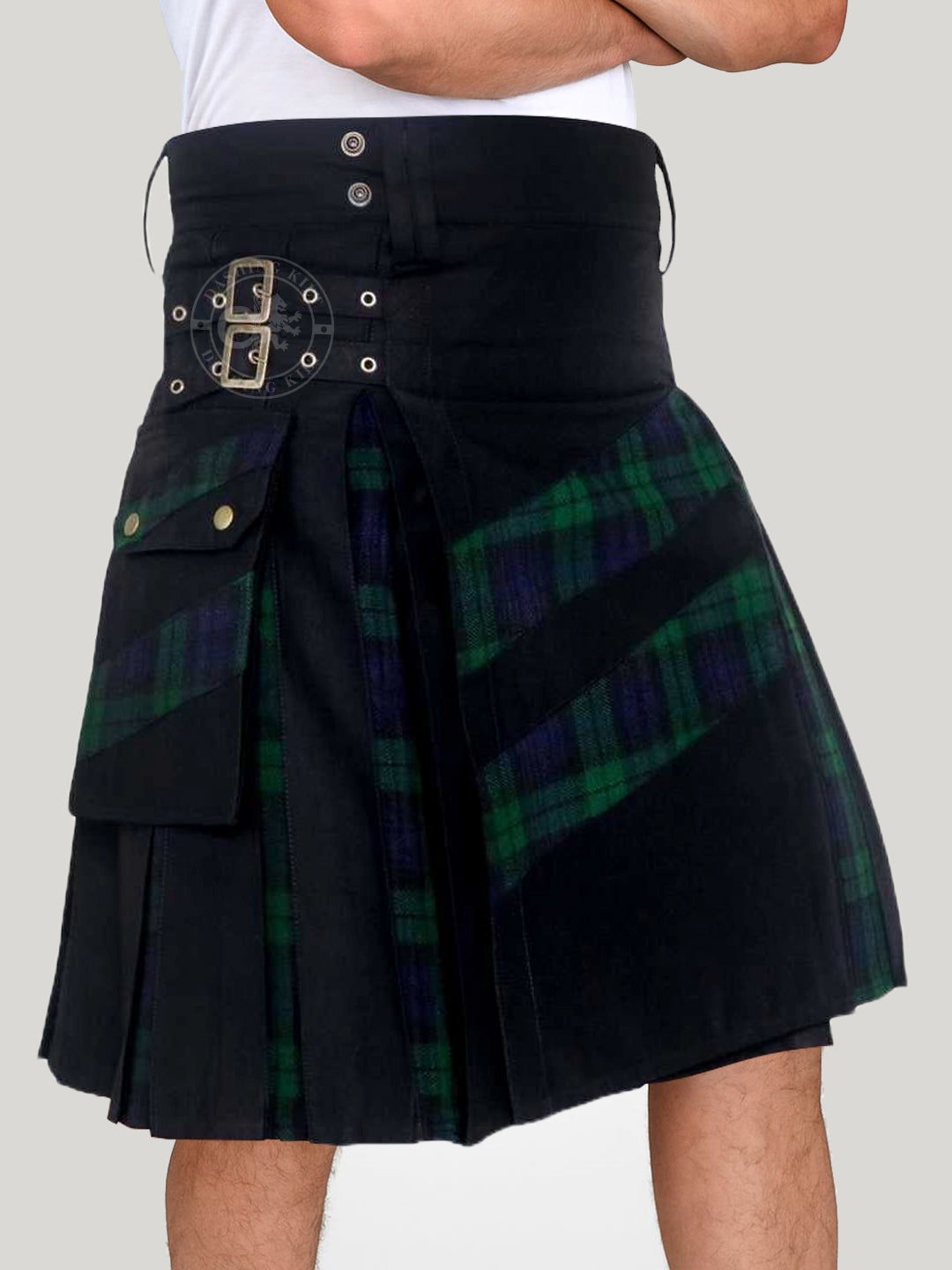 Men’s Modern Hybrid Cotton & Black Watch Tartan Cross Strips Designer’s Wedding Kilt