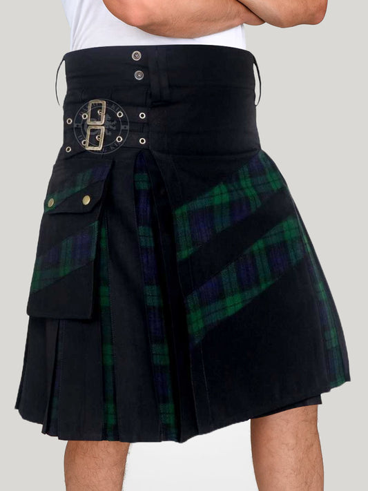 Men’s Modern Hybrid Cotton & Black Watch Tartan Cross Strips Designer’s Wedding Kilt