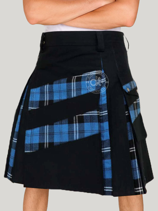Men’s Modern Hybrid Cotton & Ramsay-Blue Tartan Cross Strips Designer’s Wedding Kilt