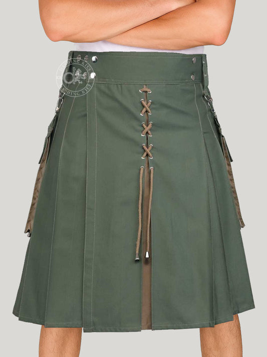 Modern Two Tone Olive Green & Khaki Cotton Utility kilt for men with detachable cargo pockets and unique design of X-Cross drawstring