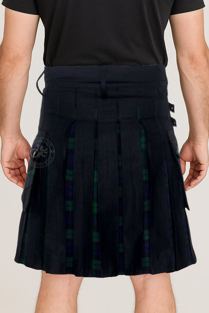 Men’s Modern Hybrid Cotton & Black Watch Tartan Cross Strips Designer’s Wedding Kilt