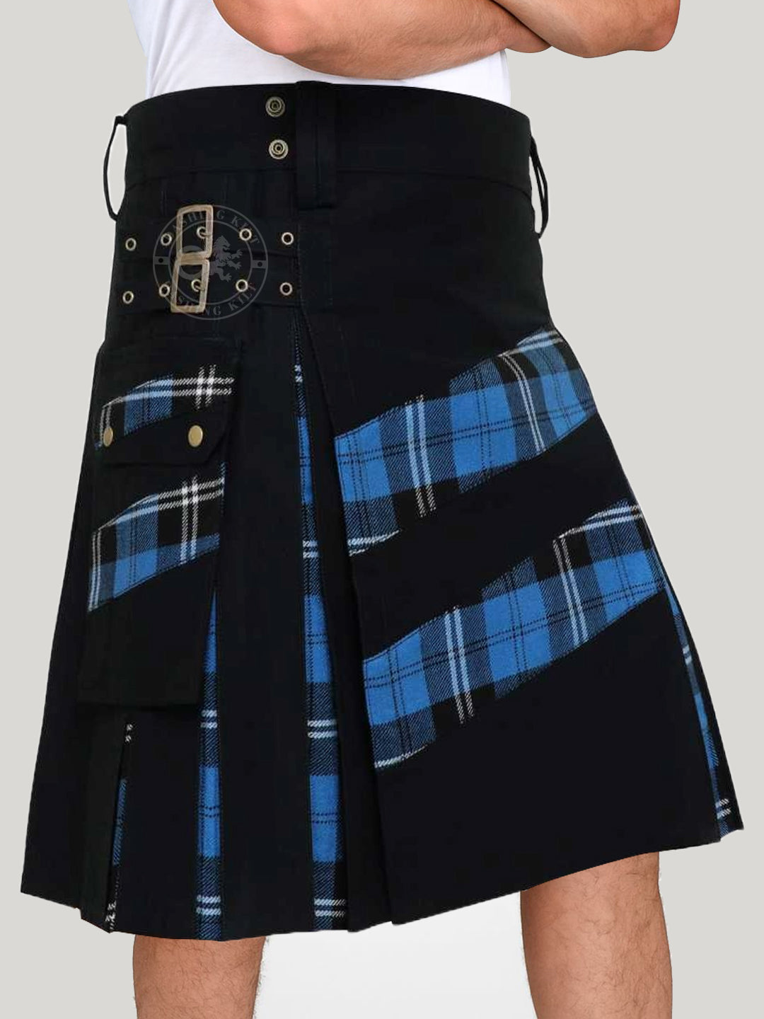 Men’s Modern Hybrid Cotton & Ramsay-Blue Tartan Cross Strips Designer’s Wedding Kilt