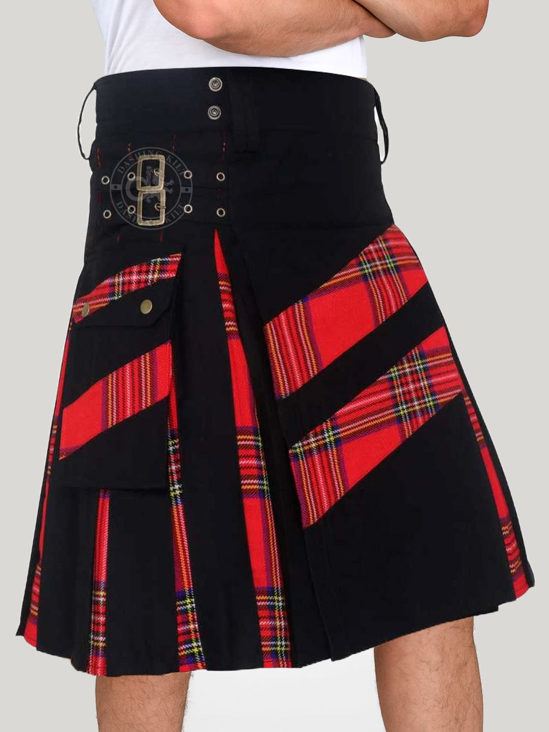 Men’s Modern Hybrid Cotton & Royal Stewart Tartan Cross Strips Designer’s Wedding Kilt