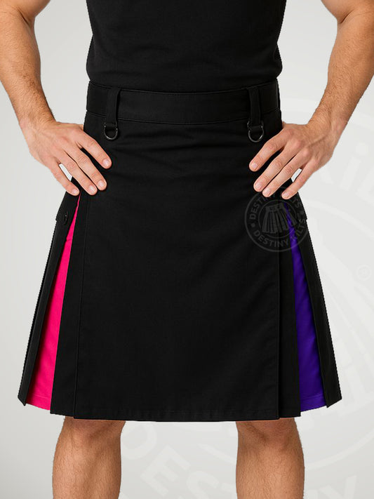 Men’s Black Utility Kilt with Rainbow Pleats