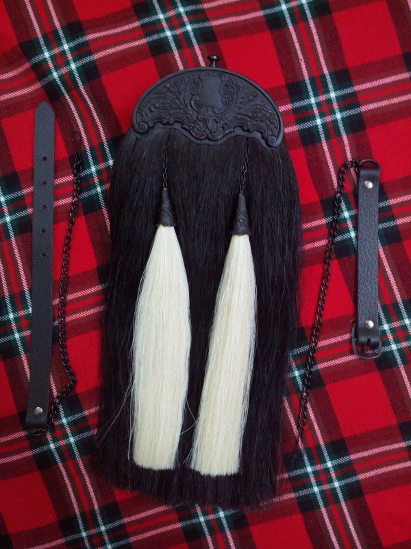 BLACK HORSE HAIR KILT SPORRAN WITH TWO WHITE TASSELS