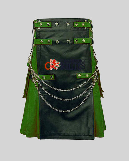 Black Dark Green Men Leather Fashion Kilt