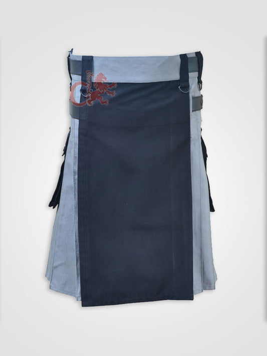 Black and Gray Double Tone kilt with Leather Straps