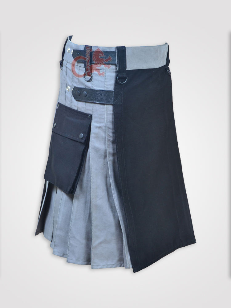 Black and Gray Double Tone kilt with Leather Straps