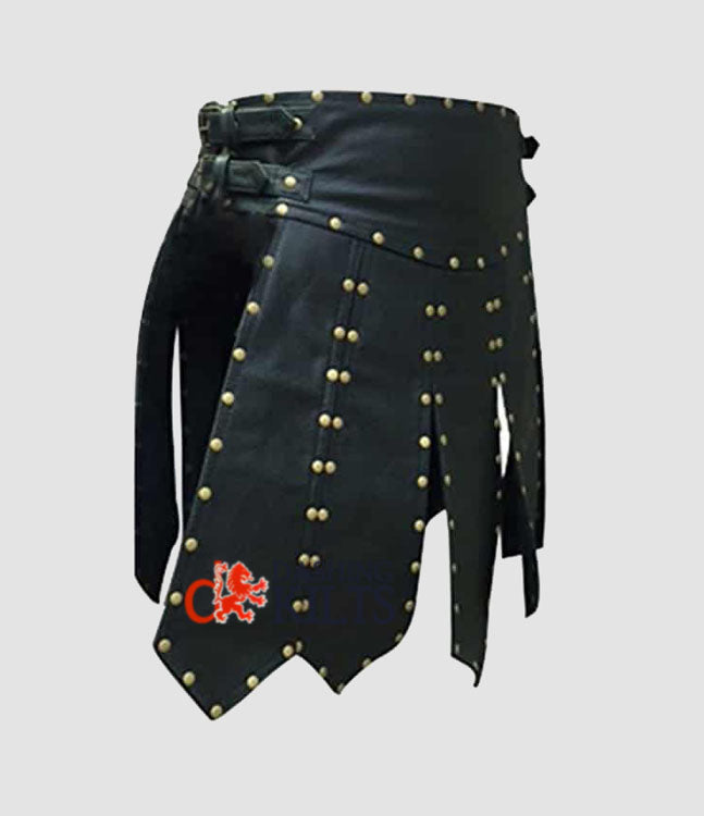 MENS BLACK LEATHER GLADIATOR KILT