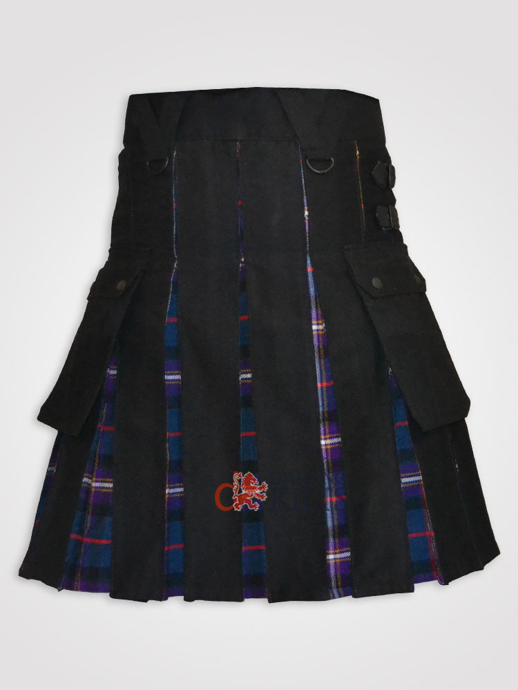 Men Black and Masonic Tartan Celtic Pouch Hybrid Kilt