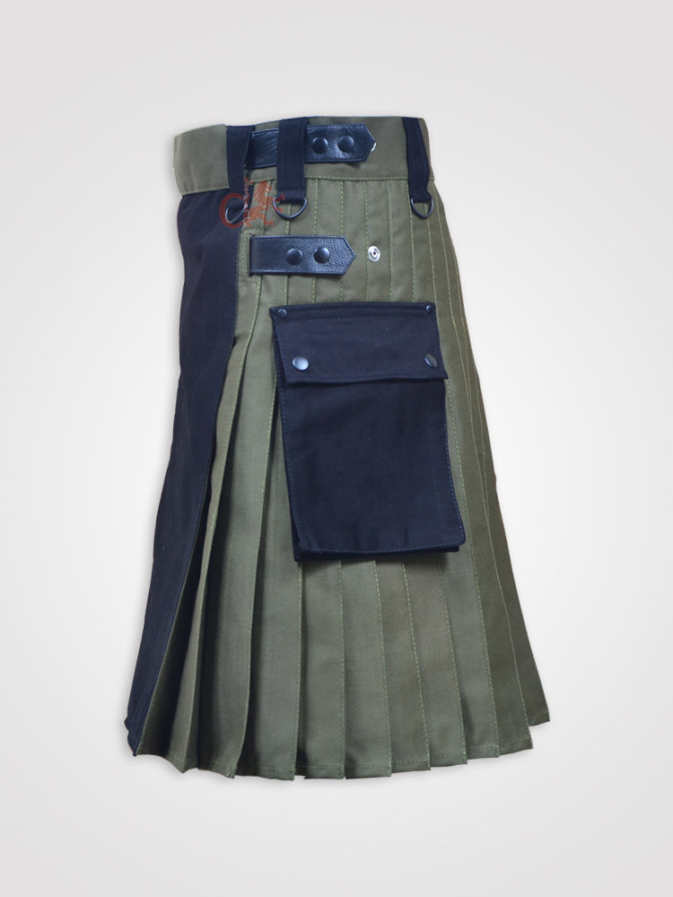 Black and Olive Green Double Tone kilt with Leather Straps