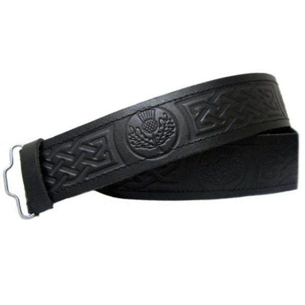 Black Leather Thistle Embossed kilt Belt - Velcro Adjustable