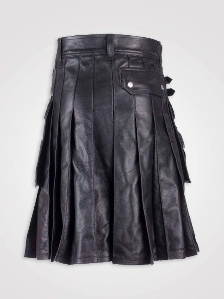 Men Modern Black Leather Utility Kilt