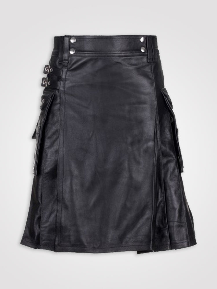 Men Modern Black Leather Utility Kilt